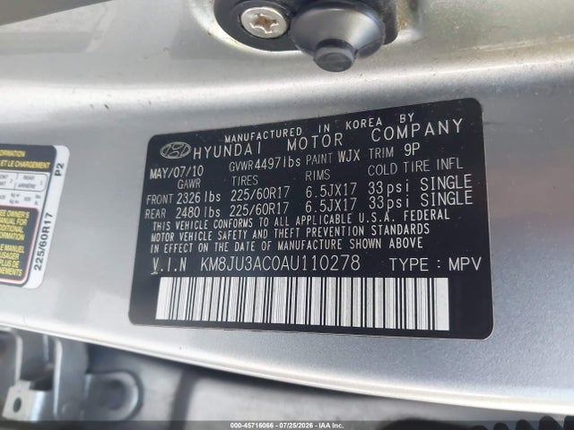 45716066 :رقم المزاد ، KM8JU3AC0AU110278 vin ، 2010 Hyundai Tucson Gls مزاد بيع