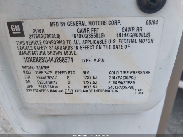 45716067 :رقم المزاد ، 1GKEK63U44J298574 vin ، 2004 Gmc Yukon Denali مزاد بيع