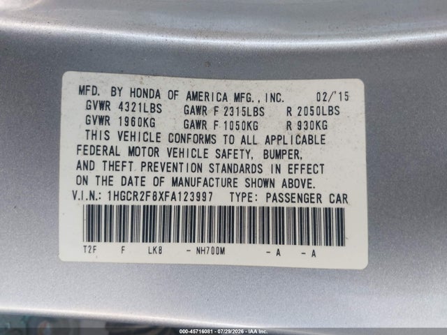 Продаж на аукціоні авто 2015 Honda Accord Ex-l, vin: 1HGCR2F8XFA123997, номер лоту: 45716081
