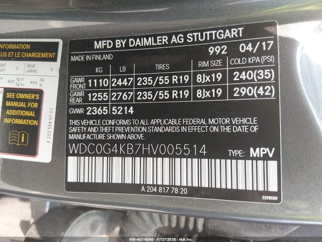 45716090 :رقم المزاد ، WDC0G4KB7HV005514 vin ، 2017 Mercedes-benz Glc 300 4matic مزاد بيع
