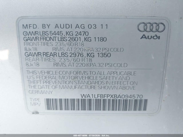 45716096 :رقم المزاد ، WA1LFBFPXBA094570 vin ، 2011 Audi Q5 2.0t Premium مزاد بيع