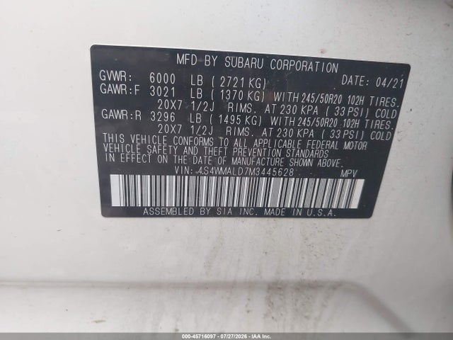45716097 :رقم المزاد ، 4S4WMALD7M3445628 vin ، 2021 Subaru Ascent Limited مزاد بيع