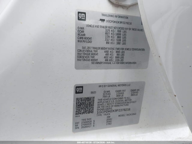2023 Chevrolet Silverado 1500 4wd  Short Bed Lt With 2fl მანქანა იყიდება აუქციონზე, vin: 1GCPDKEK9PZ278216, აუქციონის ნომერი: 45716139