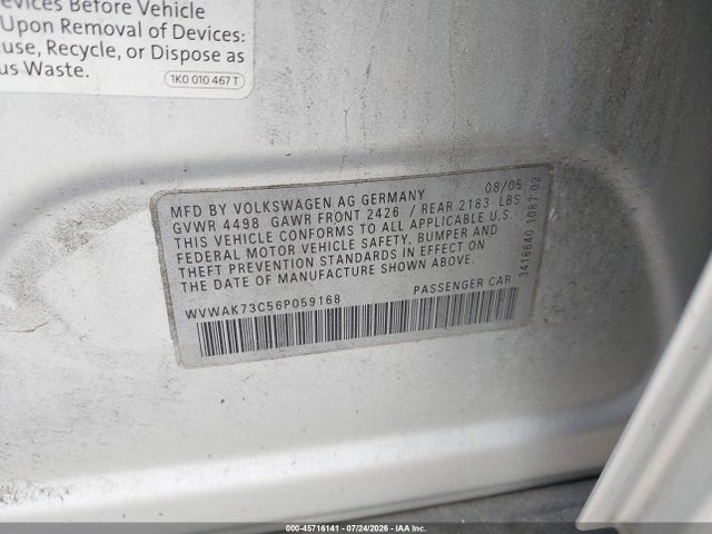 Продаж на аукціоні авто 2006 Volkswagen Passat 2.0t, vin: WVWAK73C56P059168, номер лоту: 45716141