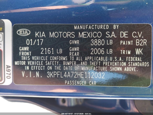 45716157 :رقم المزاد ، 3KPFL4A72HE112032 vin ، 2017 Kia Forte S مزاد بيع