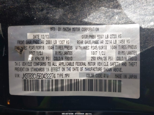 45716166 :رقم المزاد ، JM3TB3CV5E0432274 vin ، 2014 Mazda Cx-9 Touring مزاد بيع