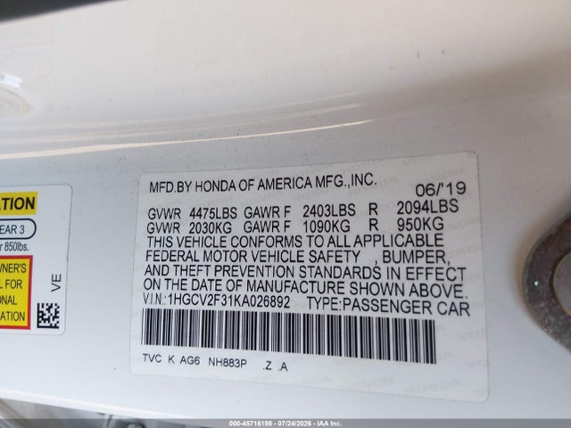 1HGCV2F31KA026892 Honda Accord Sport 2.0t