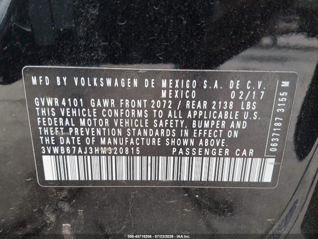 Aukcja sprzedaży 2017 Volkswagen Jetta 1.4t Se, vin: 3VWB67AJ3HM320815, numer aukcji: 45716206