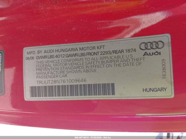 45716210 :رقم المزاد ، TRUUT28N761009646 vin ، 2006 Audi Tt 1.8l مزاد بيع