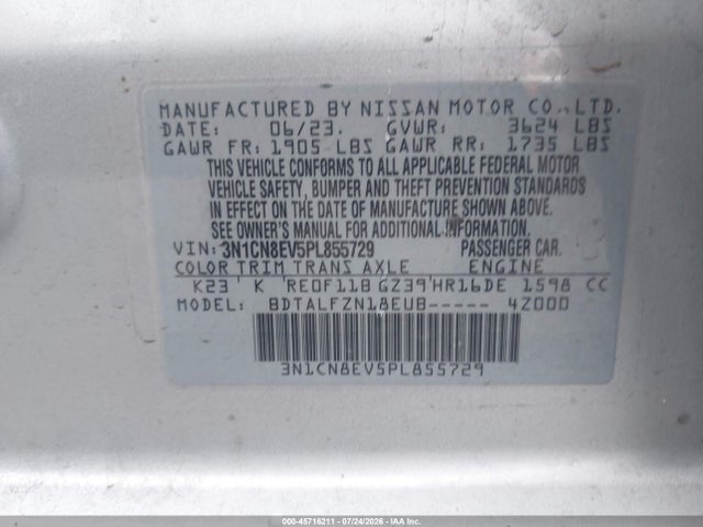 Aukcja sprzedaży 2023 Nissan Versa 1.6 Sv Xtronic Cvt, vin: 3N1CN8EV5PL855729, numer aukcji: 45716211