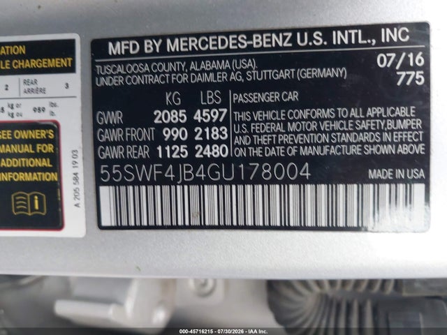 Продаж на аукціоні авто 2016 Mercedes-benz C 300, vin: 55SWF4JB4GU178004, номер лоту: 45716215