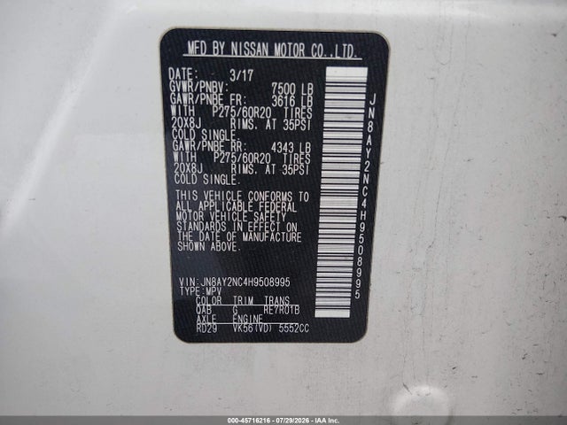 Продажа на аукционе авто 2017 Nissan Armada Sl, vin: JN8AY2NC4H9508995, номер лота: 45716216