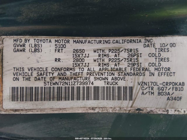 45716224 :رقم المزاد ، 5TEWN72N11Z739974 vin ، 2001 Toyota Tacoma Base V6 مزاد بيع