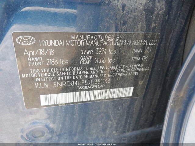 2018 Hyundai Elantra Sel მანქანა იყიდება აუქციონზე, vin: 5NPD84LF8JH351163, აუქციონის ნომერი: 45716246