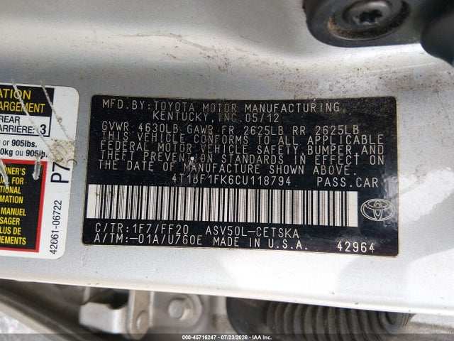 Продажа на аукционе авто 2012 Toyota Camry Se, vin: 4T1BF1FK6CU118794, номер лота: 45716247
