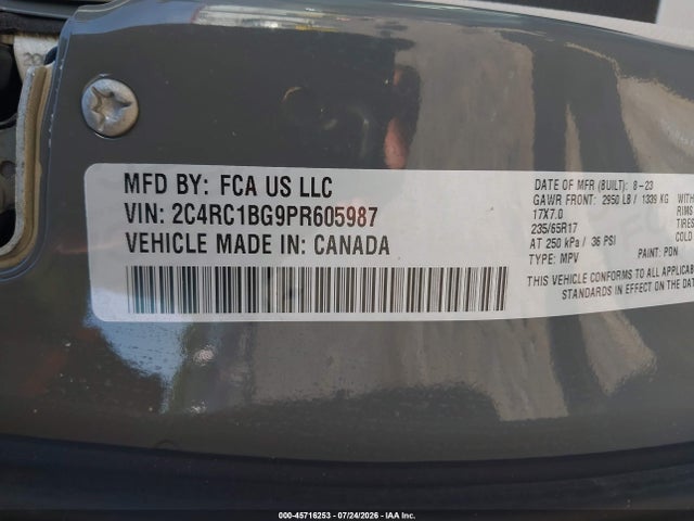 2023 Chrysler Pacifica Touring L მანქანა იყიდება აუქციონზე, vin: 2C4RC1BG9PR605987, აუქციონის ნომერი: 45716253