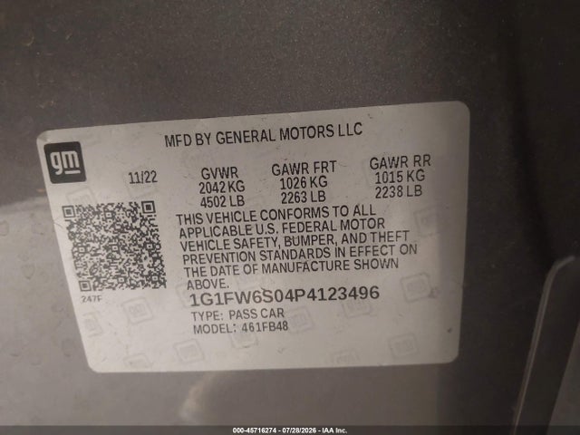 45716274 :رقم المزاد ، 1G1FW6S04P4123496 vin ، 2023 Chevrolet Bolt Ev Fwd 1lt مزاد بيع
