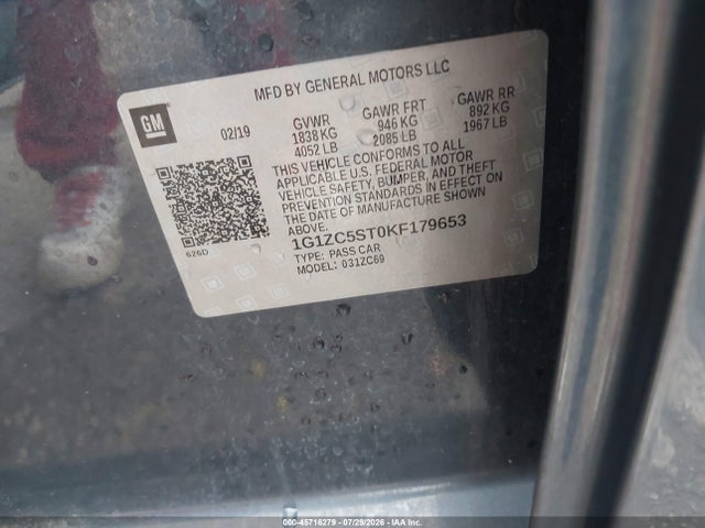 45716279 :رقم المزاد ، 1G1ZC5ST0KF179653 vin ، 2019 Chevrolet Malibu 1fl مزاد بيع