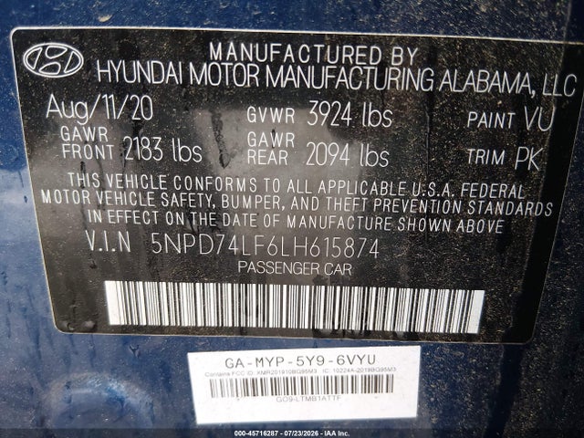 Продаж на аукціоні авто 2020 Hyundai Elantra Se, vin: 5NPD74LF6LH615874, номер лоту: 45716287