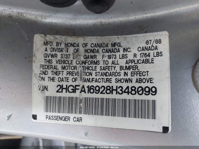 2008 Honda Civic Ex-l მანქანა იყიდება აუქციონზე, vin: 2HGFA16928H348099, აუქციონის ნომერი: 45716293