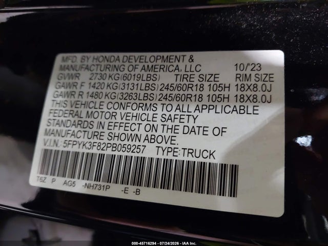 Aukcja sprzedaży 2023 Honda Ridgeline Black Edition, vin: 5FPYK3F82PB059257, numer aukcji: 45716294
