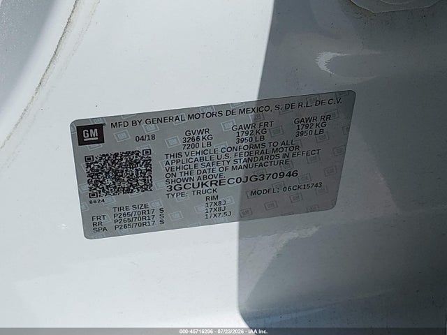 Aukcja sprzedaży 2018 Chevrolet Silverado 1500 1lt, vin: 3GCUKREC0JG370946, numer aukcji: 45716296