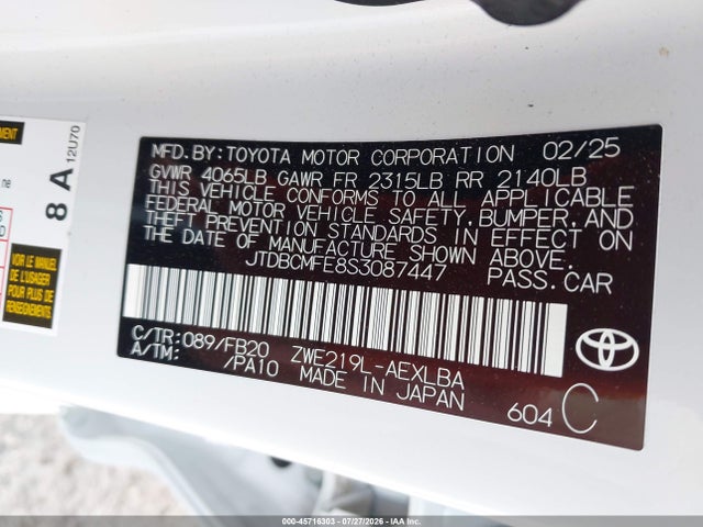 45716303 :رقم المزاد ، JTDBCMFE8S3087447 vin ، 2025 Toyota Corolla Hybrid Le مزاد بيع