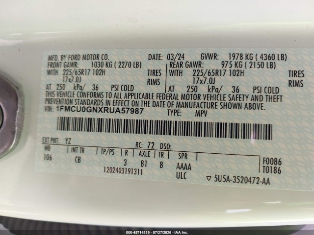 Auction sale of the 2024 Ford Escape Active, vin: 1FMCU0GNXRUA57987, lot number: 45716319