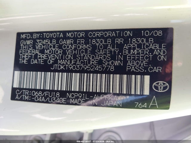 45716327 :رقم المزاد ، JTDKT903795245778 vin ، 2009 Toyota Yaris مزاد بيع