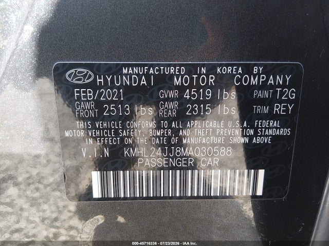 Aukcja sprzedaży 2021 Hyundai Sonata Blue, vin: KMHL24JJ8MA030588, numer aukcji: 45716336