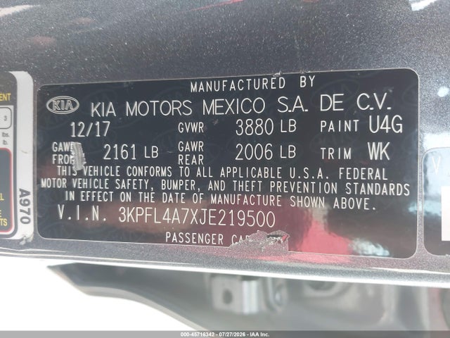 Aukcja sprzedaży 2018 Kia Forte S, vin: 3KPFL4A7XJE219500, numer aukcji: 45716342