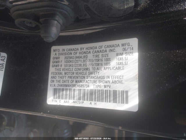 2014 Honda Cr-v Lx მანქანა იყიდება აუქციონზე, vin: 2HKRM4H38EH689734, აუქციონის ნომერი: 45716352