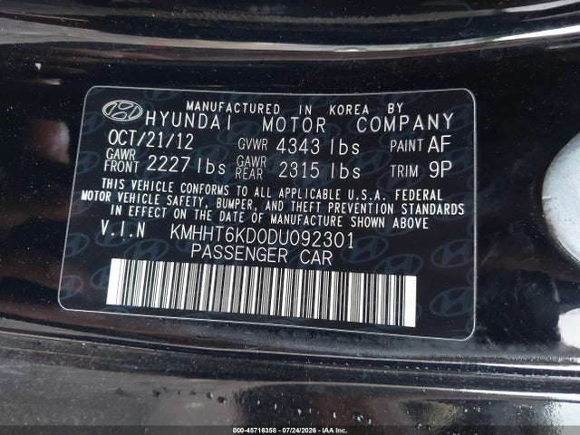 45716358 :رقم المزاد ، KMHHT6KD0DU092301 vin ، 2013 Hyundai Genesis 2.0t مزاد بيع