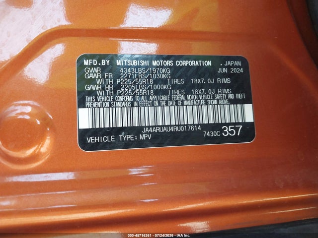 JA4ARUAU4RU017614 Mitsubishi Outlander Sport 2.0 Es Awc/2.0 Le Awc/2.0 Ralliart Awc/2.0 S Awc/2.0 Se Awc/2.0 Trail Edition Awc