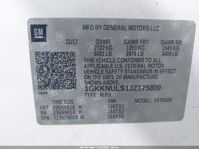 Продажа на аукционе авто 2018 Gmc Acadia Slt-1, vin: 1GKKNULS1JZ175809, номер лота: 45716364
