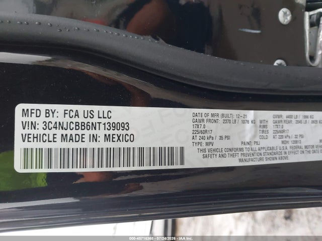 45716368 :رقم المزاد ، 3C4NJCBB6NT139093 vin ، 2022 Jeep Compass Latitude Fwd مزاد بيع
