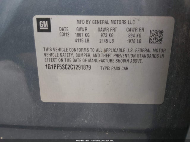 Продажа на аукционе авто 2012 Chevrolet Cruze 1lt, vin: 1G1PF5SC2C7291879, номер лота: 45716371