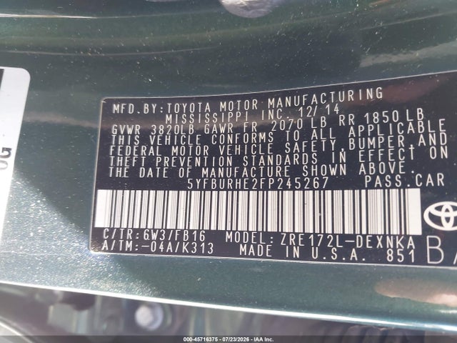 Toyota COROLLA LE 2015 5YFBURHE2FP245267 Image 9