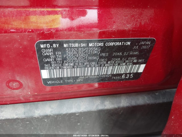 Продажа на аукционе авто 2022 Mitsubishi Outlander Es 2.5 S-awc, vin: JA4J4TA84NZ086425, номер лота: 45716389