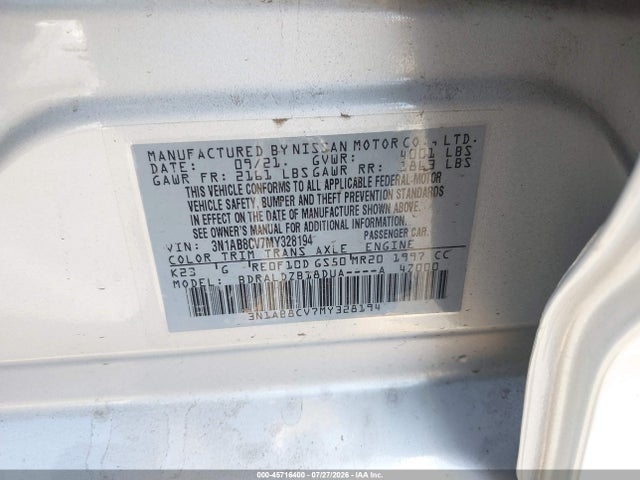 Aukcja sprzedaży 2021 Nissan Sentra Sv Xtronic Cvt, vin: 3N1AB8CV7MY328194, numer aukcji: 45716400