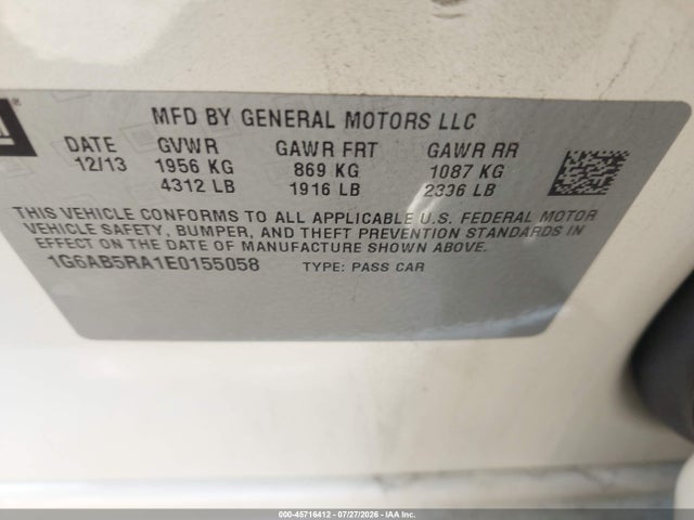45716412 :رقم المزاد ، 1G6AB5RA1E0155058 vin ، 2014 Cadillac Ats Luxury مزاد بيع