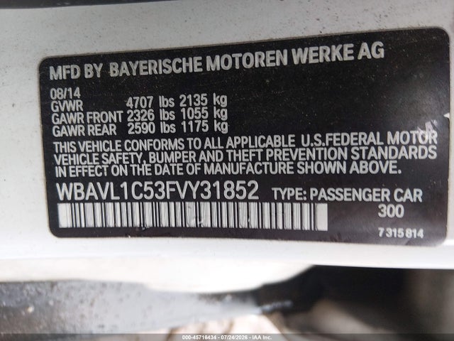 Aukcja sprzedaży 2015 Bmw X1 Xdrive28i, vin: WBAVL1C53FVY31852, numer aukcji: 45716434
