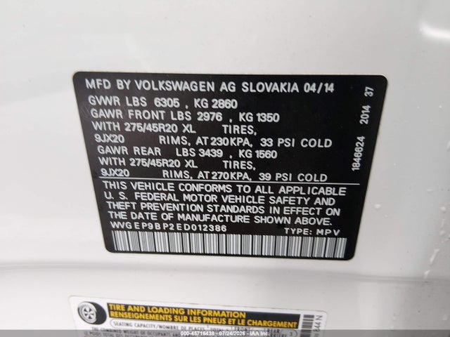 Продаж на аукціоні авто 2014 Volkswagen Touareg Tdi Executive, vin: WVGEP9BP2ED012386, номер лоту: 45716438