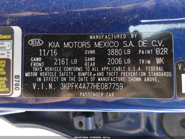 45716444 :رقم المزاد ، 3KPFK4A77HE087759 vin ، 2017 Kia Forte Lx مزاد بيع