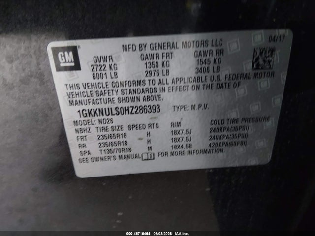 45716464 :رقم المزاد ، 1GKKNULS0HZ286393 vin ، 2017 Gmc Acadia Slt-1 مزاد بيع