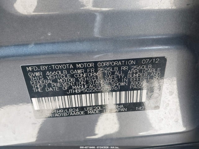 45716466 :رقم المزاد ، JTHBP5C22C5010761 vin ، 2012 Lexus Is F مزاد بيع