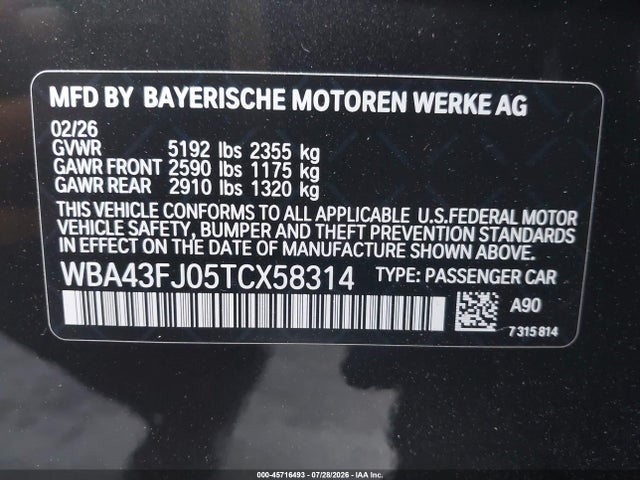 Aukcja sprzedaży 2026 Bmw 530i, vin: WBA43FJ05TCX58314, numer aukcji: 45716493