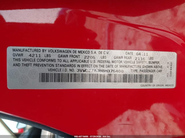 Продаж на аукціоні авто 2011 Volkswagen Jetta 2.5l Se, vin: 3VWDZ7AJ8BM375400, номер лоту: 45716498