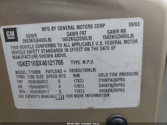 Aukcja sprzedaży 2004 Gmc Envoy Xl Sle, vin: 1GKET16SX46121766, numer aukcji: 45716500