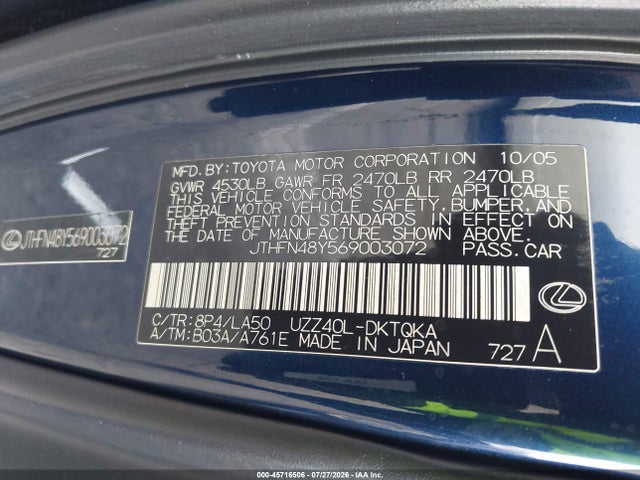 Aukcja sprzedaży 2006 Lexus Sc 430, vin: JTHFN48Y569003072, numer aukcji: 45716506